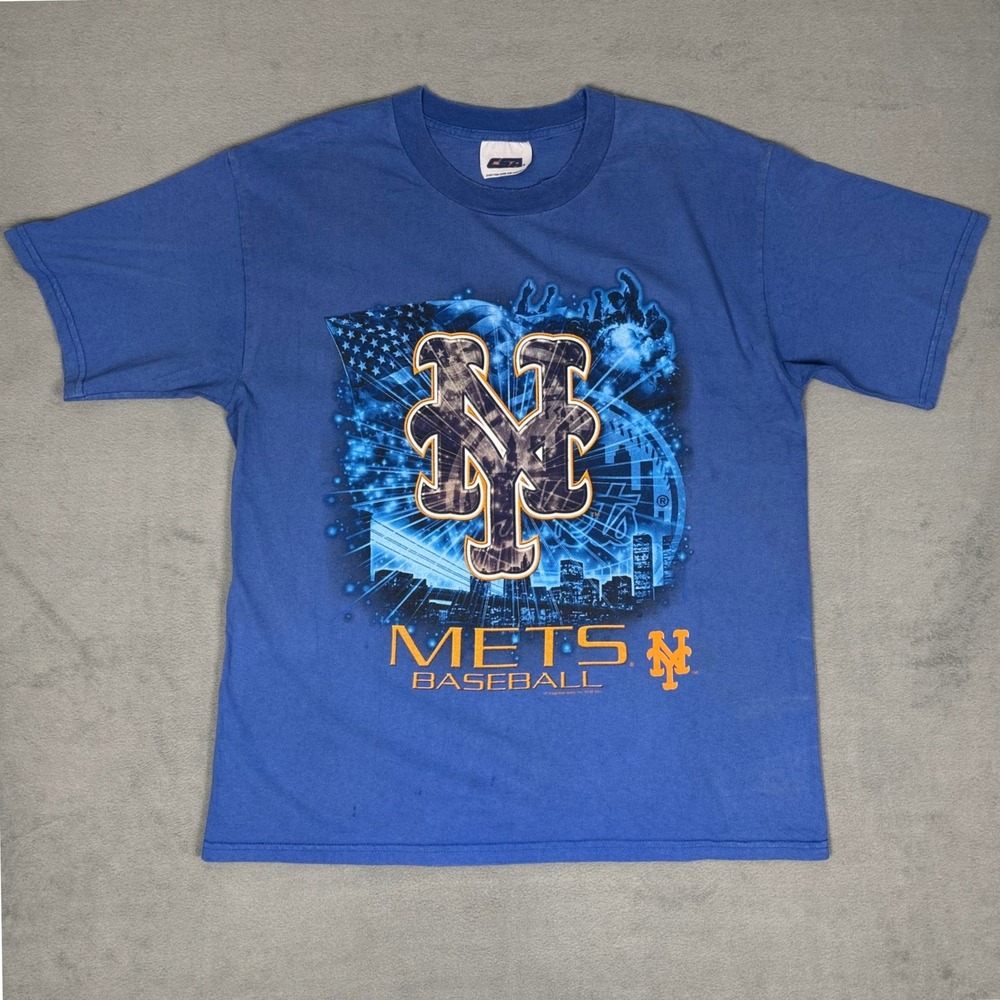 Vintage 2001 00s New York Mets NYC Skyline Graphic T-Shirt Blue CSA MLB XL‎ Y2K